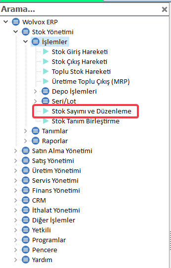 WOLVOX ERP menüsünde Stok Yönetimi, İşlemler ve Stok Sayımı ve Düzenleme yolu