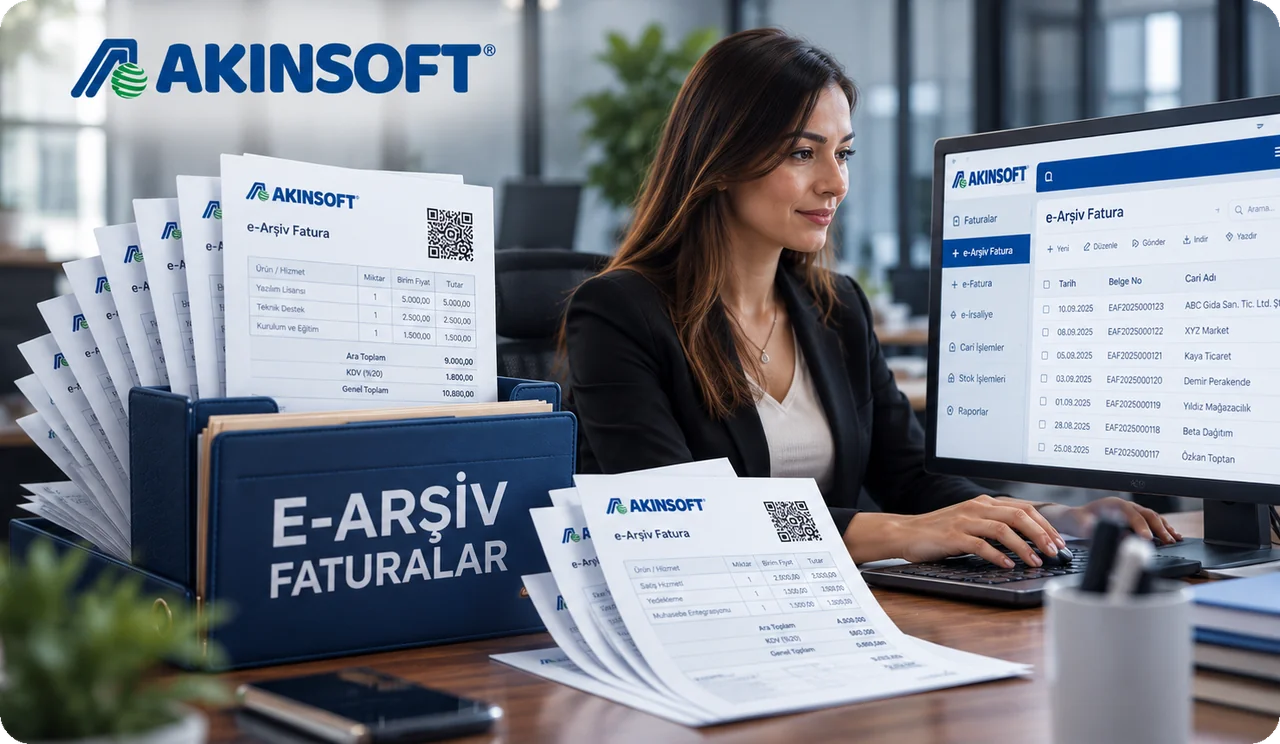 AKINSOFT e-Arşiv Fatura ile dijital faturalarını yöneten ofis çalışanı