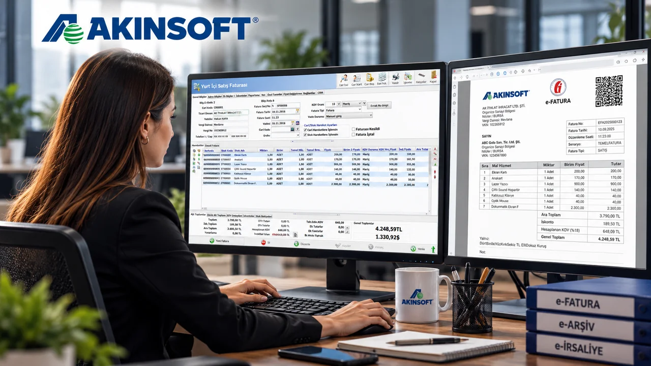 AKINSOFT e-Fatura yazılımını iki monitörde kullanan ofis çalışanı