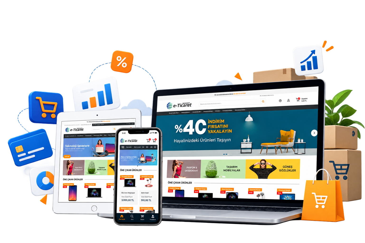 AKINSOFT e-Ticaret yazılımı masaüstü, tablet ve mobil mağaza görünümü